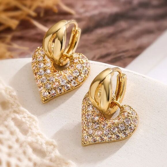 Heart pave huggie hoops feminine danity Jewel heart rhinestone | NWOT - Picture 4 of 8